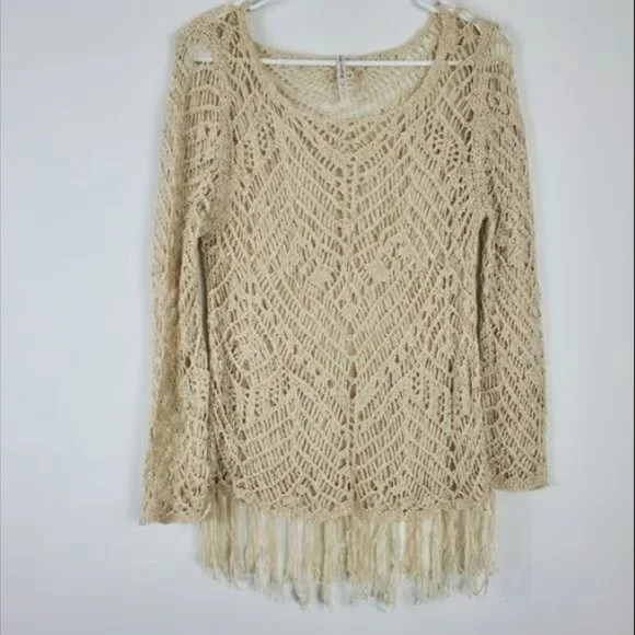 Rachel Roy Open Knit Top Womens Size M Cream Ivory Long Sleeve Tassel Bottom - Picture 1 of 3
